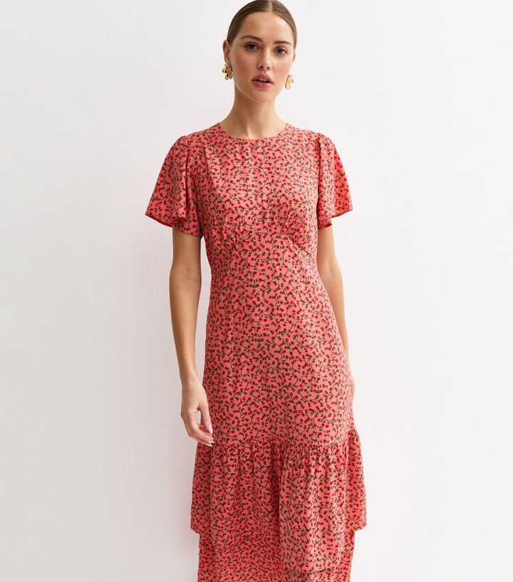 Pink Floral Flutter Sleeve Tiered Midi Dress | New Look