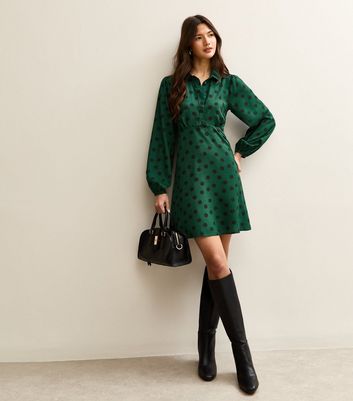 Bright Green Polka Dot Long Sleeve Mini Shirt Dress | New Look Bright Green Polka Dot Long Sleeve Mini Shirt Dress | New Look