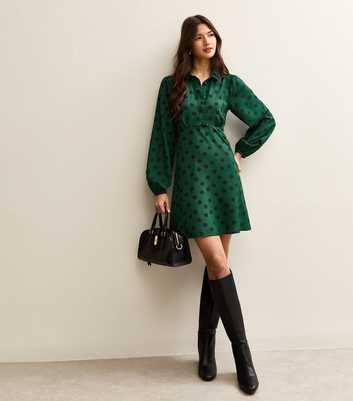 Bright Green Polka Dot Long Sleeve Mini Shirt Dress