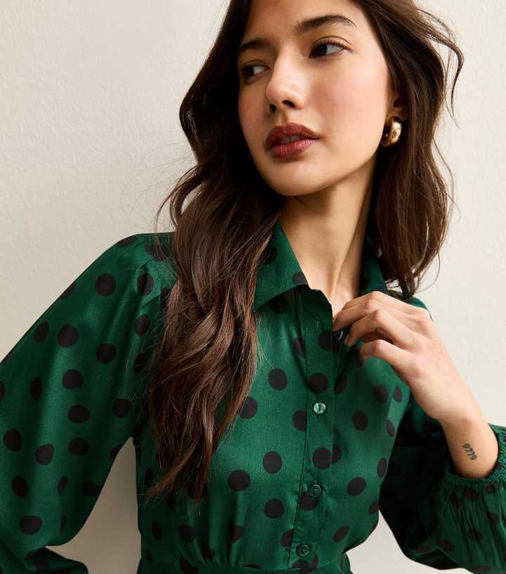 Bright Green Polka Dot Long Sleeve Mini Shirt Dress | New Look