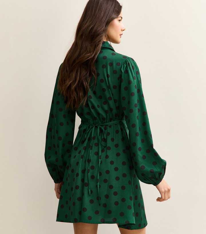 Bright Green Polka Dot Long Sleeve Mini Shirt Dress | New Look