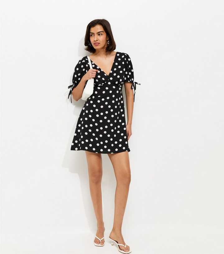 Black Crepe Polka Dot Tie Sleeve Mini Dress