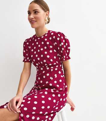 Red Polka Dot Crepe Short Sleeve Midi Dress