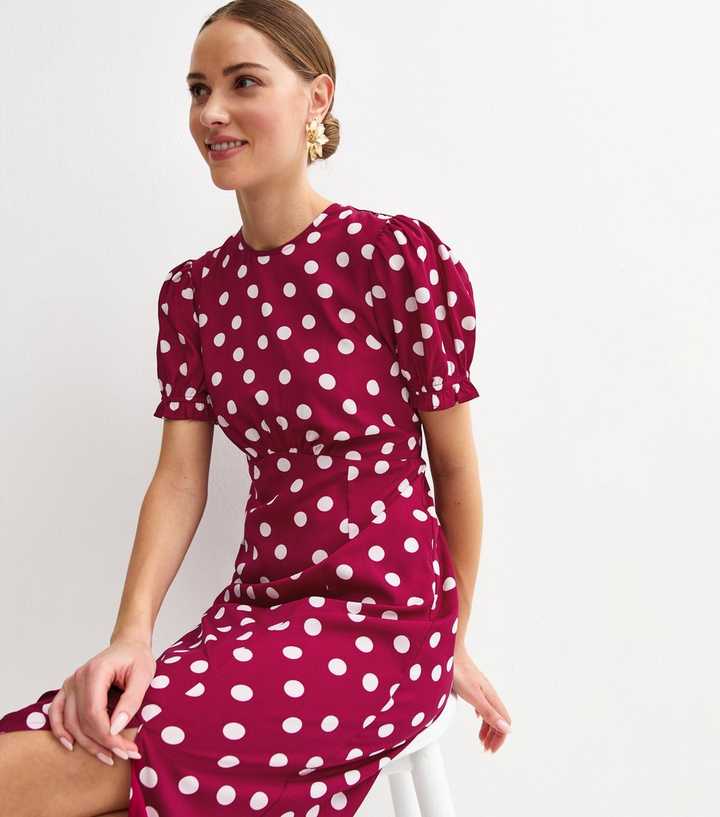 Red Polka Dot Crepe Short Sleeve Midi Dress