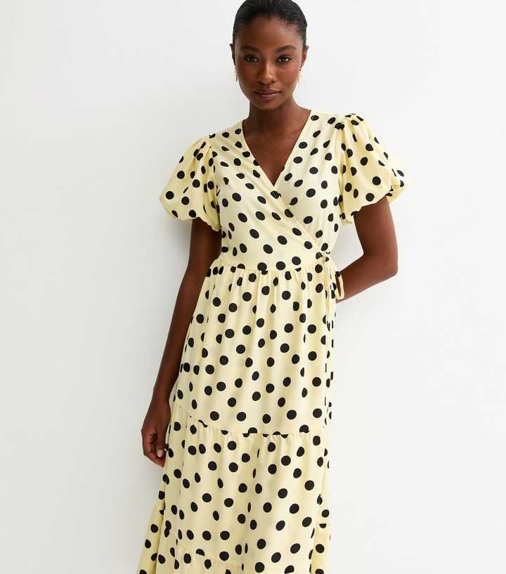Yellow Crepe Polka Dot Midi Dress | New Look
