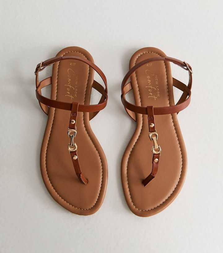 Tan Faux Leather Metal Toe Post Sandals