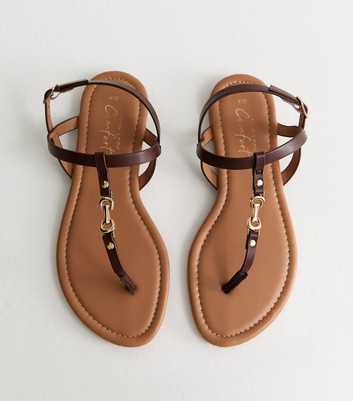Brown Faux Leather Metal Toe Post Sandals