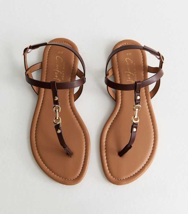 Brown Faux Leather Metal Toe Post Sandals