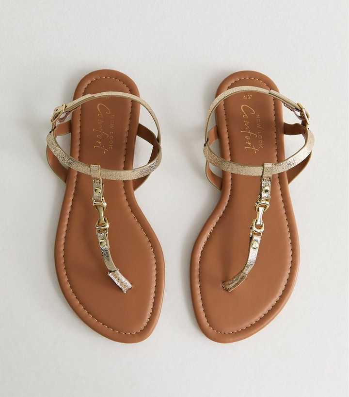 Gold Faux Leather Metal Toe Post Sandals