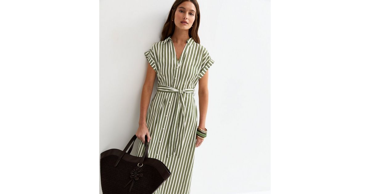 Green Striped Short Sleeve Midi Shirt Dress | New Look Green Striped Short Sleeve Midi Shirt Dress | New Look