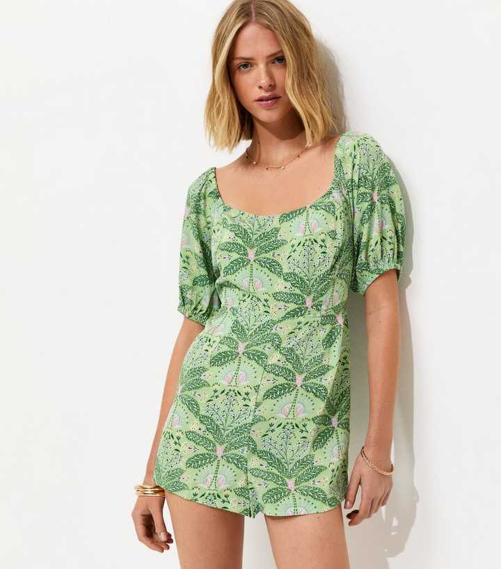 Green Palm Tree Print Short Playsuit