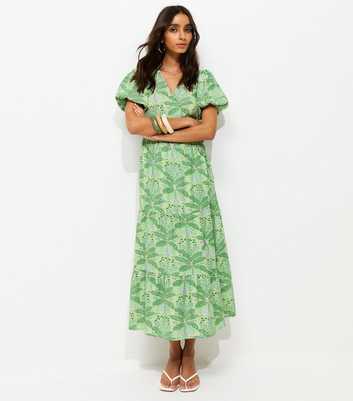 Green Crepe Tropical Pattern Wrap Midi Dress