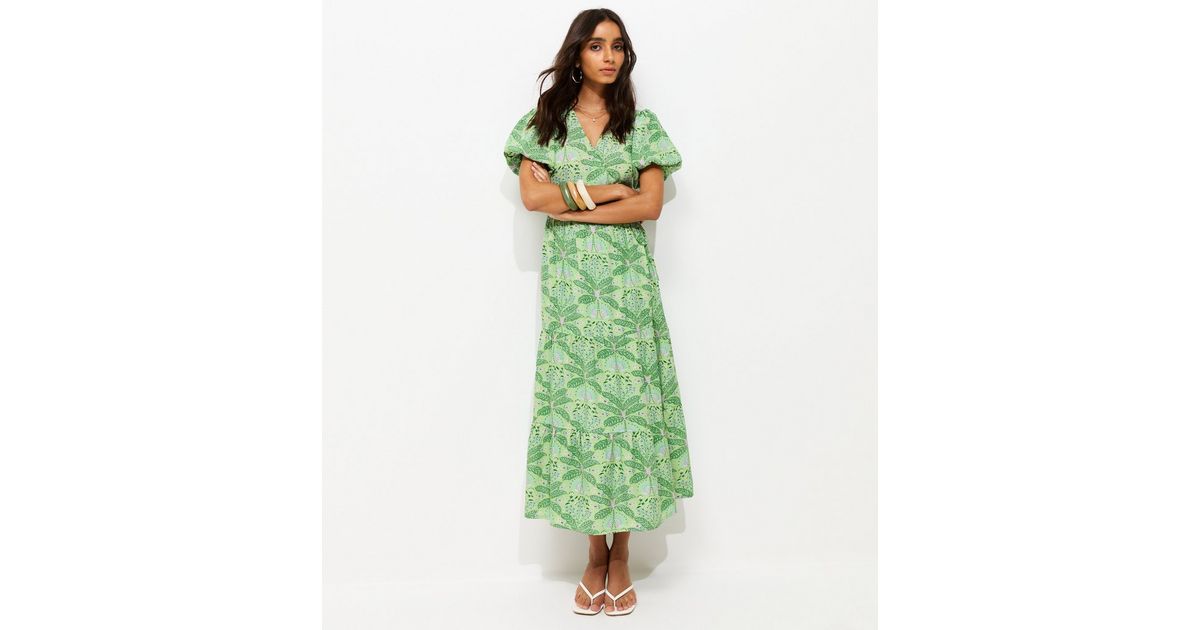 Green Crepe Tropical Pattern Wrap Midi Dress | New Look