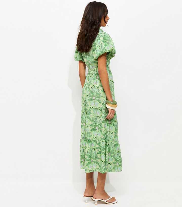 Green Crepe Tropical Pattern Wrap Midi Dress | New Look