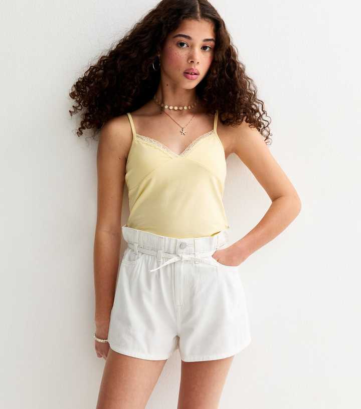 Girls White Denim Paperbag Shorts