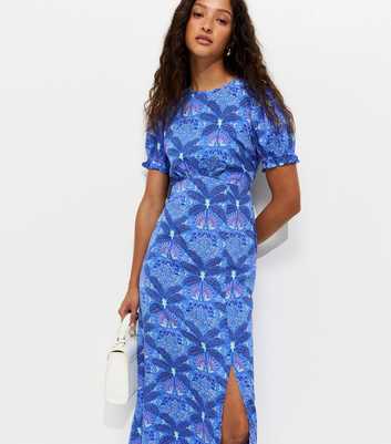 Blue Tropical Print Crepe Short Sleeve Midi Dress