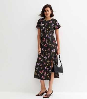 Black Floral Flutter Sleeve Midi Dress