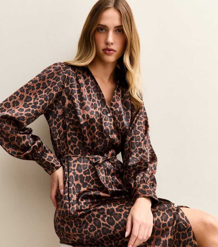 Brown Satin Animal Print Shirt Dress