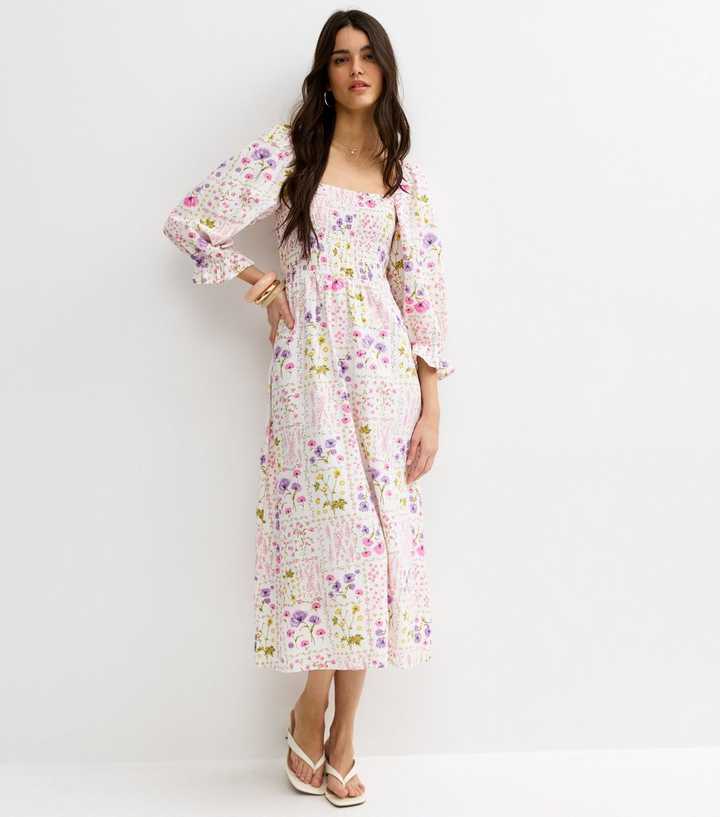 Cream Floral Shirred Cropped Sleeve Midi Dress