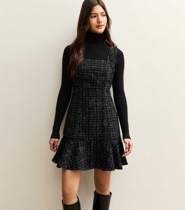 princess polly baby blue dress Petite Black Metallic Boucle Dress With Sheer Sleeves