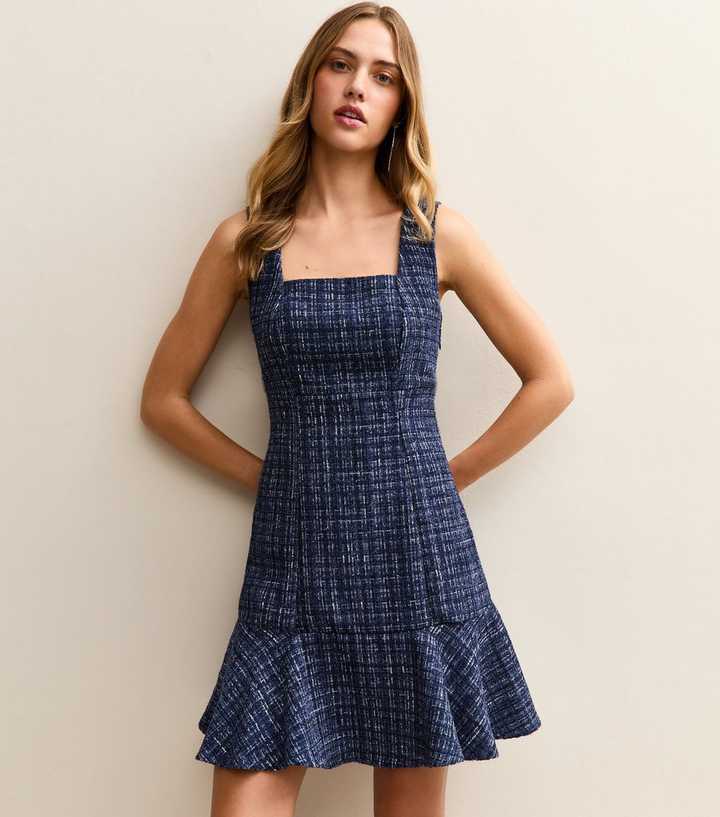Navy Square Neck Boucle Mini Dress