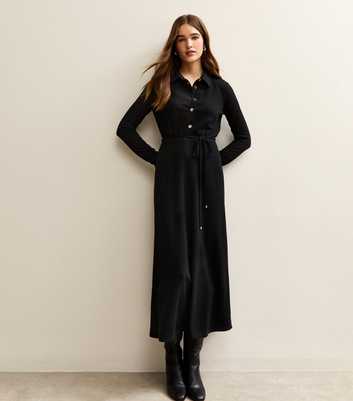 Black Crinkled Midi Shirt Dress