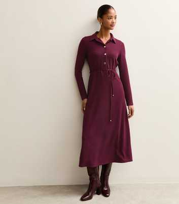 Dark Burgundy Crinkled Midi Shirt Dress