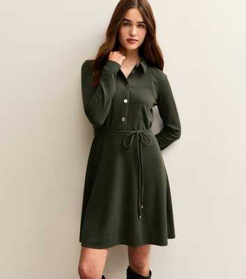 Khaki Button Through Collared Mini Dress