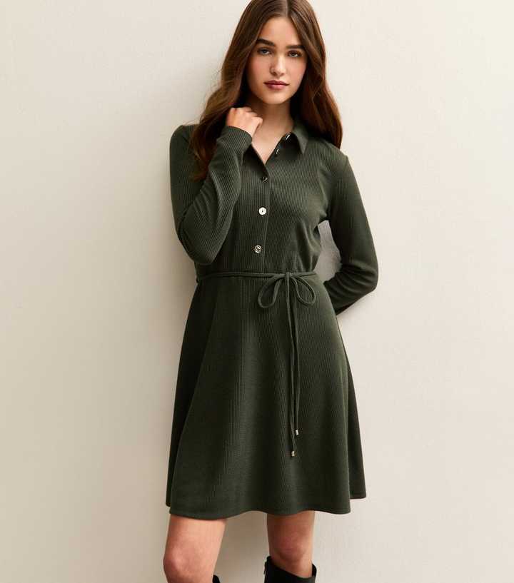 Khaki Button Through Collared Mini Dress