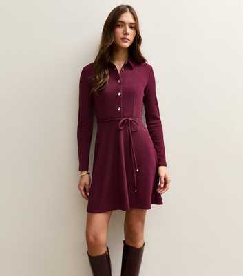 Dark Burgundy Button Through Collared Mini Dress