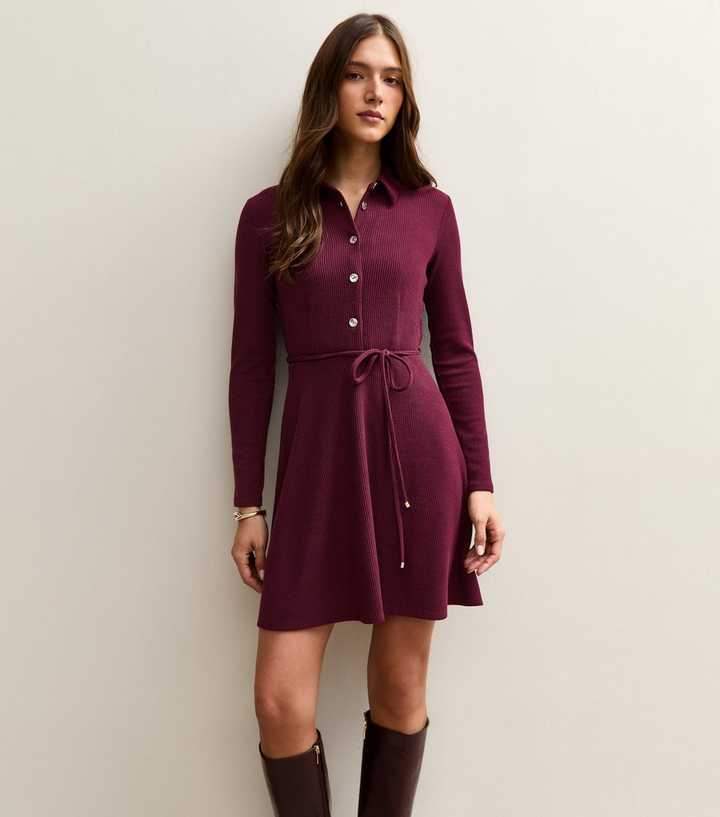 Dark Burgundy Button Through Collared Mini Dress