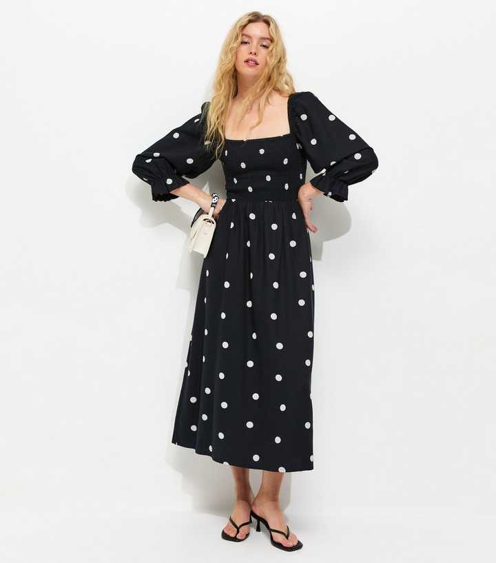 shirred polka dot midi dress Women's Green Spot Shirred Cuff Midi Dress