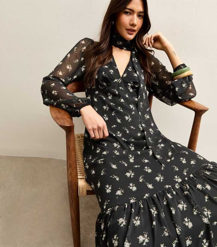 white christmas dresses Olydia Midi Dress in Black Chiffon with Crystal Flower Print main image 0