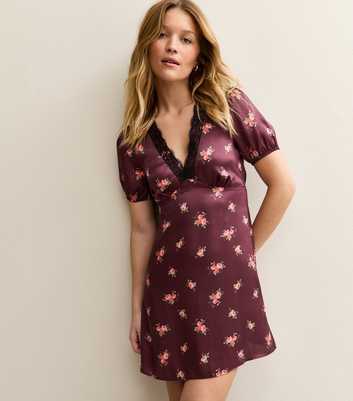 Burgundy Floral Lace Trim Mini Dress