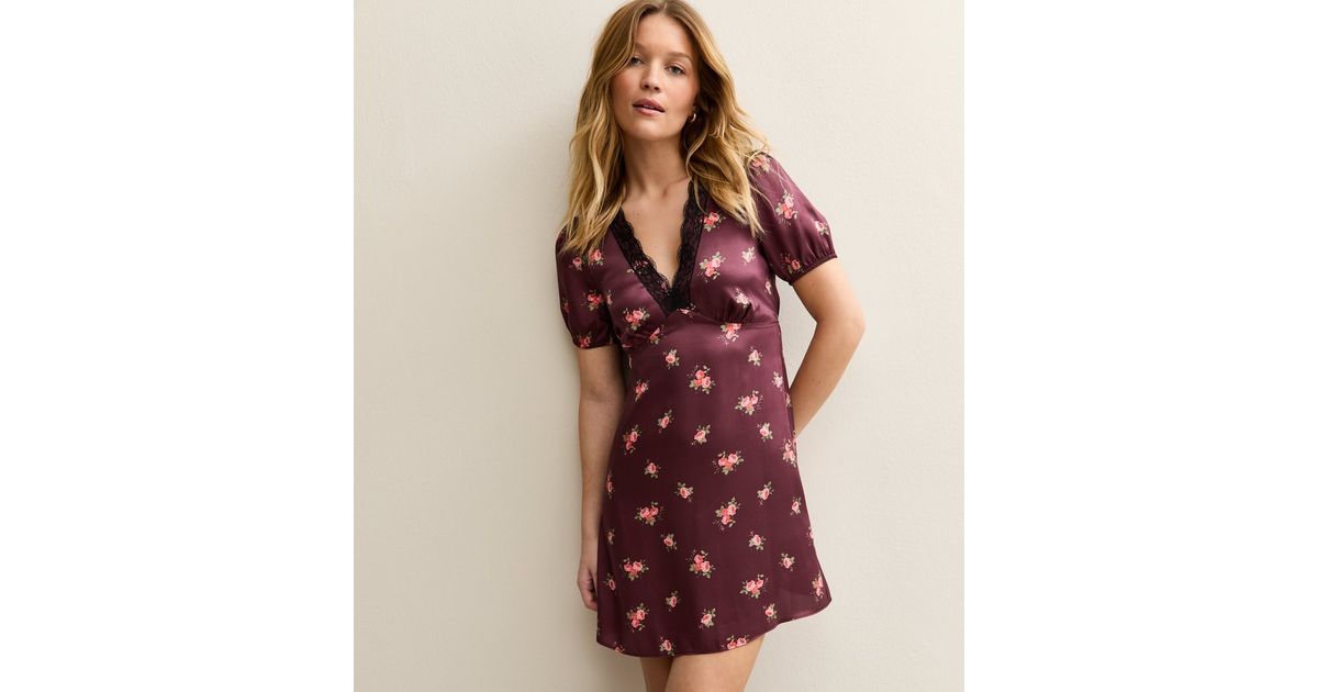 princess polly baby blue dress Burgundy Floral Lace Trim Mini Dress