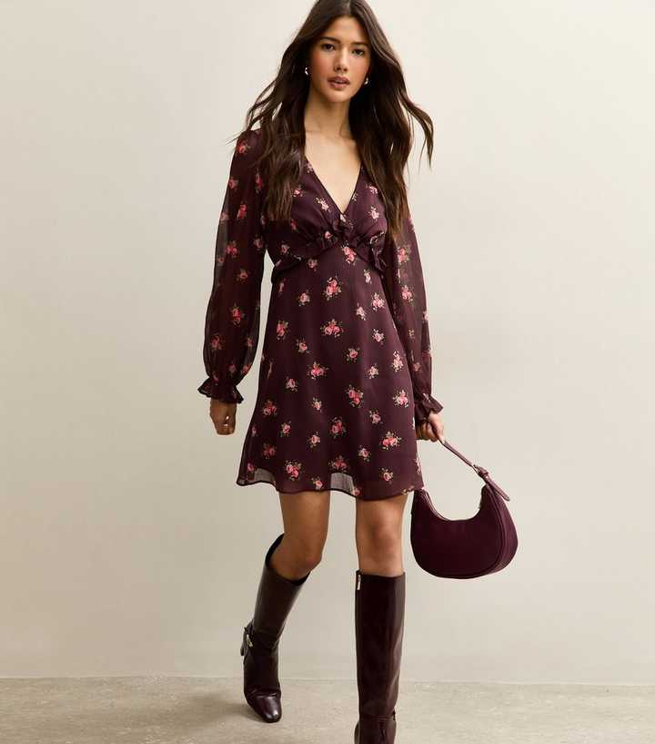 Burgundy Floral Chiffon Mini Dress