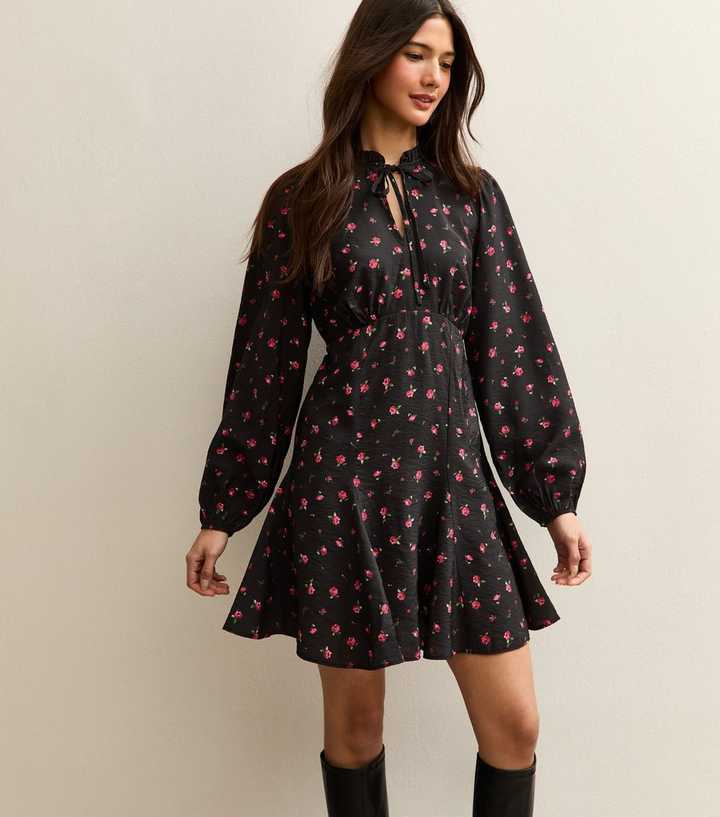 Black Ditsy Floral Godet Mini Dress