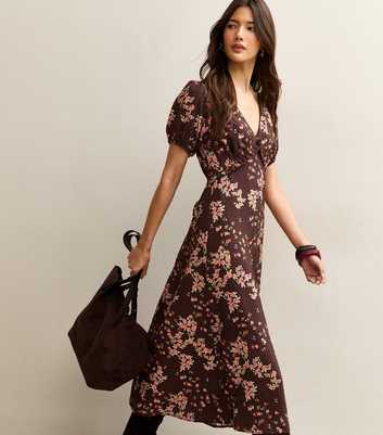 Brown Floral Print Short Sleeve Tea Midi Dress