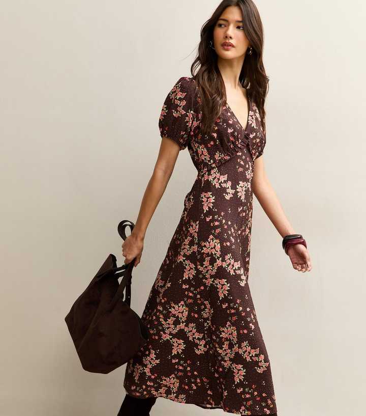 Brown Floral Print Short Sleeve Tea Midi Dress