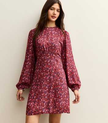 Red Ditsy Floral Long Sleeve Mini Dress