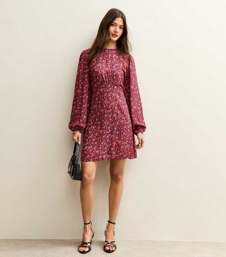 Red Ditsy Floral Long Sleeve Mini Dress | New Look