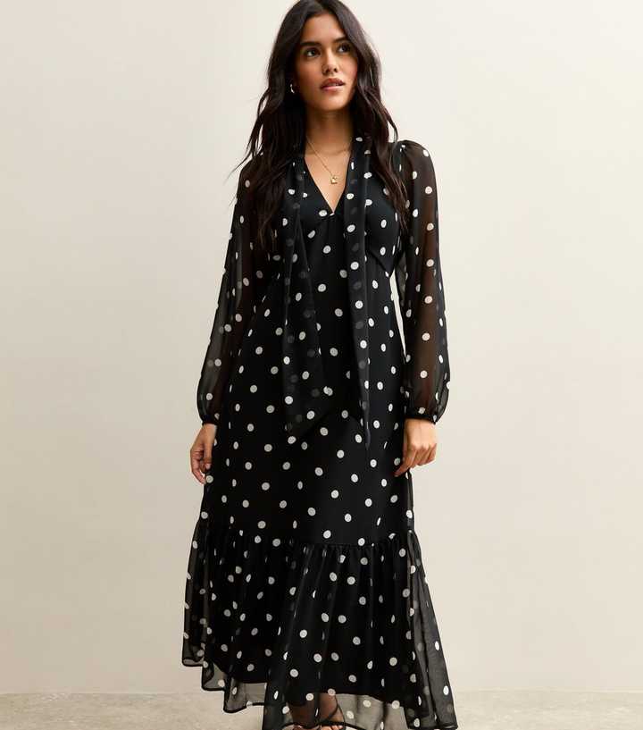 Black Polka Dot Bow Chiffon Midi Dress