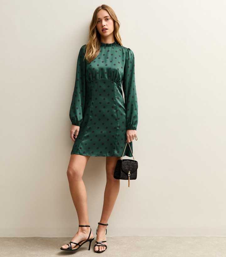 Dark Green Polka Dot Long Sleeve Satin Mini Dress