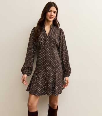 Brown Polka Dot Tie Neck Mini Dress