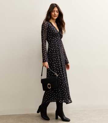 Black Polka Dot Mesh Long Sleeve Midi Dress