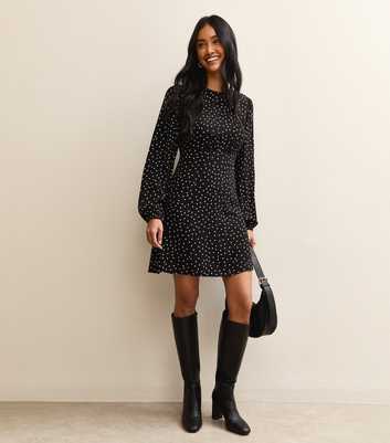 Black Polka Dot Long Sleeve Flutter Mini Dress