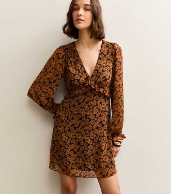 Brown Floral Long Sleeve Mini Dress