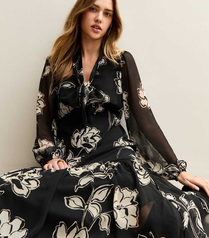 Black Frill Bow Neck Abstract Floral Chiffon Midi Dress