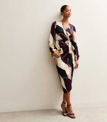 Purple Satin Patterned Wrap Midi Dress