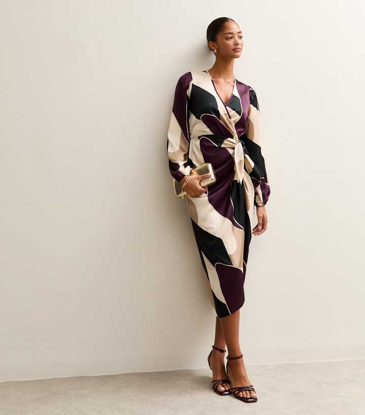 Purple Satin Patterned Wrap Midi Dress